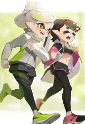  +_+ 2girls black_hair black_leggings black_shorts black_sports_bra callie_(splatoon) closed_eyes commentary cousins dolphin_shorts eyewear_on_head fangs frown gradient_hair green_hair green_shoes grey_hair grey_jacket half_updo highres jacket leggings leggings_under_shorts long_hair long_sleeves looking_to_the_side marie_(splatoon) midriff multicolored_hair multiple_girls navel nomu_(29_nom) open_clothes open_jacket open_mouth orange_eyes pink_jacket pink_shoes pointy_ears running shoes short_hair short_shorts shorts smile sneakers sparkle splatoon_(series) splatoon_1 sports_bra sweat swept_bangs tentacle_hair very_long_hair 