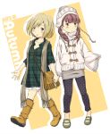  bag boots brown_eyes brown_hair casual coat extra fashion furumiya_haiji hat holding_hands k-on! kinoshita_shizuka leggings long_hair purse scarf short_hair wakaouji_ichigo 