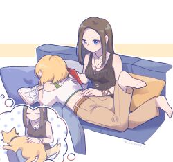  2girls animalization bang_dream! barefoot belt black_shirt blonde_hair blue_eyes blue_pants bracelet brown_belt brown_hair brown_pants cellphone closed_eyes closed_mouth collarbone commentary_request couch cropped_legs cropped_shirt cushion dog dot_mouth elbow_rest facing_object fingernails green_shirt hand_on_another&#039;s_back hand_rest hand_up highres holding holding_phone image_in_thought_bubble jewelry legs_up long_hair long_sidelocks looking_at_object lying lying_on_lap manga_(object) midriff motion_lines multiple_girls off-shoulder_shirt off_shoulder on_couch on_stomach pants pendant phone sato_masuki shirt shirt_under_shirt short_hair short_sleeves sidelocks single_off_shoulder sitting sleeveless sleeveless_shirt smartphone speech_bubble tail tail_wagging thought_bubble twitter_username umaa42 wakana_rei yellow_dog 
