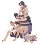  barefoot barrel black_hair bowl brothers chopsticks closed_eyes eating eyes_closed feet food freckles grin hands hat highres male meat monkey_d_luffy multiple_boys one_piece plate portgas_d_ace ren_(zero_second) scar shorts siblings simple_background smile straw_hat transparent_background 