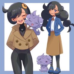  2girls arms_behind_back black_hair black_pantyhose blue_jacket blue_shoes blush brown_jacket closed_eyes commentary_request dark-skinned_female dark_skin emma_(pokemon) espurr fang jacket long_hair long_sleeves looking_at_viewer mega_stone miigon99999 multiple_girls one_eye_closed open_clothes open_jacket open_mouth pantyhose pokemon pokemon_(anime) pokemon_horizons pokemon_legends:_z-a shoes short_hair smile time_paradox violet_eyes 