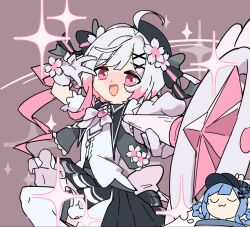  2girls 33puruspa :3 :d ahoge alternate_costume beret black_capelet black_skirt blush capelet dreaming dress flower frilled_dress frills gem gloves hair_ornament hat hat_flower highres holding holding_wand looking_at_viewer magical_girl mahou_shoujo_no_majo_saiban multicolored_hair multiple_girls nose_blush open_mouth pink_eyes pink_hair red_background sakuraba_ema shirt simple_background skirt sleeping smile solo_focus sparkle tachibana_sherry thigh-highs w wand white_flower white_gloves white_hair white_shirt white_thighhighs x_hair_ornament 