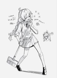  &gt;_&lt; 1girl ahoge arms_up braid braided_ponytail broom closed_mouth collared_shirt commentary cropped_torso english_text full_body greyscale hair_between_eyes hair_ornament head_bump highres holding holding_broom honkai_(series) honkai_impact_3rd kiana_kaslana loafers long_hair mi_(27782900) miniskirt monochrome multiple_views music necktie pleated_skirt ponytail shadow shirt shoes singing skirt standing symbol-only_commentary vest 