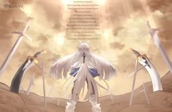  1girl absurdres animal_ears fate/stay_night fate_(series) field_of_blades grey_hair grey_tail highres horse_ears horse_girl horse_tail kanshou_&amp;_bakuya_(fate) kevin3rd oguri_cap_(umamusume) planted planted_sword solo sword tail too_many_weapons umamusume umamusume:_cinderella_gray unlimited_blade_works_(reality_marble) weapon 