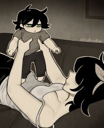  1boy 1girl absurdres age_difference andrew_graves baby black_hair black_pants breasts carrying carrying_baby carrying_person cathriell couch green_eyes highres looking_at_another lying mother_and_son on_back on_couch pants renee_graves shirt the_coffin_of_andy_and_leyley white_shirt 