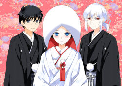  1girl 2boys balcony black_eyes blue_eyes brother_and_sister commentary_request glasses hakama haori highres japanese_clothes kimono lo_lis multiple_boys ponytail red_eyes shiromuku short_ponytail siblings smile striped_hakama tohno_akiha tohno_shiki tohno_shiki_(2) tsukihime uchikake white_hair 