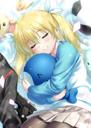  1girl black_pantyhose blonde_hair closed_eyes cowboy_shot gun hugging_doll hugging_object little_busters! long_hair lying on_side pantyhose parted_lips pleated_skirt raglan_sleeves skirt sleeping smile solo stuffed_whale tokido_saya twintails weapon white_skirt zen_(kamuro) 