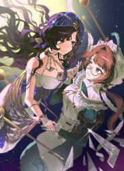  2girls apron bare_arms black_hair blue_background blue_dress blue_veil brown_hair cowboy_shot dress eye_contact face-to-face floating_hair glasses gloves green_eyes guni_(9guniguni) hand_up hat highres holding_hands isolde_(reverse:1999) kakania_(reverse:1999) lace-trimmed_headwear lace_trim looking_at_another low_ponytail multiple_girls official_alternate_costume parted_lips ponytail reverse:1999 round_eyewear sleeveless sleeveless_dress smile two-tone_dress veil violet_eyes white_apron white_dress white_gloves white_hat 