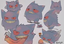  &gt;_&lt; ^_^ anger_vein cherry closed_eyes commentary ditto food frown fruit gengar grin highres ice_cream_cone jari_(jje11y12) looking_up no_humans open_mouth pokemon pokemon_(creature) pokemon_focus red_eyes smile standing sweatdrop teeth tongue tongue_out transformed_ditto 