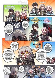  artist_name baseball_bat bell belt black_dress black_flower black_gloves black_hair black_jacket black_shirt black_umbrella blue_belt blue_eyes breasts camera character_name chinese_clothes closed_mouth cowboy_shot dan_heng_(honkai:_star_rail) dan_heng_(imbibitor_lunae)_(honkai:_star_rail) dan_heng_(permansor_terrae)_(honkai:_star_rail) dragon_boy dragon_horns dress eastern_dragon_horns electric_razor english_commentary english_text evernight_(honkai:_star_rail) fingerless_gloves flower flower_ornament gloves green_horns grey_hair hair_between_eyes hair_flower hair_ornament high_belt highres holding holding_baseball_bat holding_camera holding_razor holding_umbrella honkai:_star_rail honkai_(series) horns jacket jingle_bell long_hair long_sleeves looking_at_viewer march_7th_(honkai:_star_rail) march_7th_(hunt)_(honkai:_star_rail) medium_hair mhunter_45 multicolored_eyes official_alternate_costume official_alternate_hairstyle open_mouth pink_eyes pink_hair pink_pupils pointy_ears razor red_eyes red_jacket shirt smile speech_bubble standing stelle_(honkai:_star_rail) sweatdrop trailblazer_(honkai:_star_rail) two-tone_eyes umbrella upper_body white_shirt yellow_eyes yellow_horns 