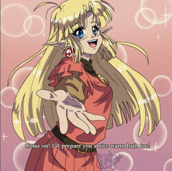  1990s_(style) 1girl belt blonde_hair blue_eyes commission commissioner_upload deltaflareon dress earrings elf english_text fake_screenshot film_grain jewelry long_hair looking_at_viewer lotte_farona official_art open_hand open_mouth orange_dress orange_shirt outstretched_hand pointy_ears retro_artstyle shirt signature smile solo sparkle subtitled teeth upper_teeth_only ways_of_darkness_(series) 