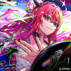  1girl album_cover blue_eyes checkered_hat closed_mouth commentary_request cover driving earrings heterochromia highres hololive hololive_english horns iris_(tb33064667) irys_(hololive) jacket jewelry long_hair looking_at_viewer official_art pink_eyes pointy_ears red_hair sidelocks smile solo steering_wheel upper_body virtual_youtuber white_jacket 