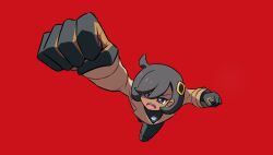  1girl arm_up black_bodysuit black_gloves black_hair blue_eyes bodysuit bodysuit_under_clothes brown_coat clenched_hands coat commentary cowlick d: dark-skinned_female dark_skin emma_(pokemon) foreshortening from_above furrowed_brow gloves gun_gun_cut hair_between_eyes hair_ornament knee_up lapels latex latex_bodysuit long_sleeves looking_up mega_stone open_mouth orange_gloves parody pokemon pokemon_legends:_z-a raised_fist reaching reaching_towards_viewer red_background serious shadow_(modeler3622) short_hair simple_background solo swept_bangs teeth tokusatsu two-tone_gloves ultra_series ultraman_(1st_series) upper_teeth_only v-shaped_eyebrows 