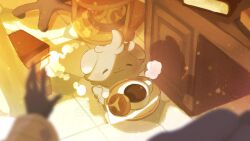  1girl blurry blurry_foreground book closed_eyes closed_mouth coffee desk emma_(pokemon) espurr food happy highres holding holding_tray indoors mixed-language_commentary pokemon pokemon_(creature) pokemon_legends:_z-a shadow smile tray uroko_(rwde4544) 