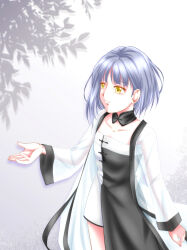  1girl anime_coloring asymmetrical_dress bamboo black_collar black_dress chinese_clothes collar collarbone commentary cowboy_shot detached_collar dress expressionless grey_hair highres jacket kamineko_(sato_kaga) long_sleeves mandarin_collar nikki_(series) open_clothes open_jacket outstretched_hand parted_lips see-through_clothes see-through_jacket shining_nikki short_hair_with_long_locks single_sidelock solo standing strapless strapless_dress two-tone_dress white_background white_dress white_jacket wide_sleeves yellow_eyes yexiao_(shining_nikki) 