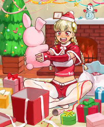  1girl b_suke bell bell_earrings blonde_hair box braid breasts capcom_fighting_jam capelet christmas christmas_tree clock commentary_request confetti crop_top detached_sleeves earrings fireplace full_body gift gift_box hairpods hat holding holding_stuffed_toy indian_style ingrid_(capcom) jewelry long_hair low_twin_braids medium_breasts midriff navel pantyhose party_popper red_capelet red_eyes red_shorts santa_hat short_shorts shorts sitting sleeves_past_wrists solo star_(symbol) strapless stuffed_toy tube_top twin_braids white_pantyhose 