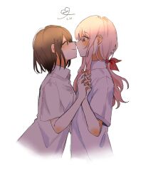  1girl 1other akiyama_mizuki blush border brown_hair closed_mouth collared_shirt commentary_request cropped_torso dated face-to-face facing_another fading_border from_side hand_up heart highres holding_hands interlocked_fingers jewelry kyline leaning_forward long_hair long_sidelocks looking_at_another low_ponytail noses_touching other_with_female pink_eyes pink_hair ponytail profile project_sekai red_ribbon ribbon ribbon_hair ring shinonome_ena shirt short_sleeves sidelocks simple_background smile white_background white_shirt 