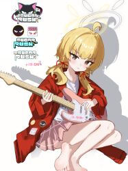  1girl :&lt; absurdres ahoge barefoot blue_archive blush brown_eyes closed_mouth crossed_ankles drop_shadow english_text feet frown full_body guitar hair_between_eyes hair_ribbon halo highres holding holding_guitar holding_instrument instrument jacket long_hair long_sleeves low_twintails miniskirt official_alternate_costume official_alternate_hairstyle open_clothes open_jacket pink_pupils plaid_clothes plaid_skirt pleated_skirt red_hair red_ribbon ribbon shirt simple_background sitting skirt soles solo toes tsurime twintails white_background white_shirt xiaoxiaoyifan yellow_halo yoshimi_(band)_(blue_archive) yoshimi_(blue_archive) 
