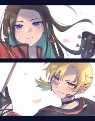  absurdres bang_dream! bass_guitar black_border black_hair black_jacket blonde_hair blue_eyes blurry border closed_mouth colored_inner_hair column_lineup commentary_request criss-cross_straps curtained_hair depth_of_field drumsticks ear_piercing earrings falling_petals floating_hair gloves green_hair green_streaks grin half_gloves highres holding holding_drumsticks instrument jacket jewelry letterboxed long_hair looking_at_viewer multicolored_hair multicolored_jacket pearl_earrings petals piercing pink_petals ponytail portrait red_jacket ribbon_earrings sato_masuki short_hair short_ponytail single_earring smile sweat tassel tassel_earrings two-tone_hair two-tone_jacket umaa42 v-shaped_eyebrows wakana_rei white_background wind yellow_eyes zipper 