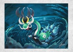 aqua_skin blank_eyes blawn_z colored_skin dragon drampa facial_hair goatee highres horns long_neck mega_drampa mega_pokemon mustache no_humans open_mouth outdoors pokemon pokemon_(creature) pokemon_focus pokemon_legends:_z-a solo water whirlpool