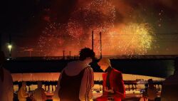  2boys 6+others black_hair black_shirt blonde_hair bridge cheon_inho coat commentary cowboy_shot crew_neck english_commentary facing_another fireworks glowing highres hood hood_down hoodie light_particles multiple_boys multiple_others nicayuko night omniscient_reader&#039;s_viewpoint outdoors people power_lines red_coat reflection reflective_water river shirt short_hair skyline striped_clothes striped_hoodie utility_pole yoo_joonghyuk 