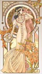  1girl absurdres art_nouveau black_hair border brown_eyes choker cup dress earrings flower full_body grin hair_ornament hand_up headband highres holding holding_cup jewelry juliet_sleeves leaf leaf_hair_ornament long_dress long_hair long_sleeves looking_to_the_side nikki_(series) official_art orange_flower ornate_border outside_border profile puffy_sleeves shining_nikki smile solo yellow_choker yellow_dress yellow_headband 