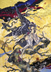  1girl black_hair detached_sleeves feathered_wings full_body geta ikeda_ruriko kourindou_tengu_costume medium_hair red_eyes shameimaru_aya solo tengu-geta touhou wide_sleeves wings yellow_background 