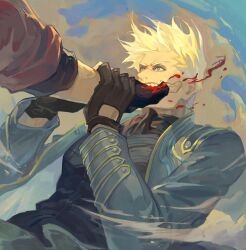  2boys biting biting_another's_hand black_gloves black_shirt blood blue_coat blue_eyes blue_vest brothers clothing_cutout coat czyan14 dante_(devil_may_cry) devil_may_cry_(series) devil_may_cry_3 dutch_angle floating_hair glove_cutout gloves hand_in_another's_mouth hands_on_another's_arm hashtag-only_commentary highres long_sleeves male_focus multiple_boys out_of_frame outstretched_arm shirt short_hair siblings smoke solo_focus teeth twins vergil_(devil_may_cry) vest white_hair 