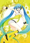  aqua_eyes aqua_hair bad_id boots bracelet hatsune_miku jewelry long_hair midriff necktie project_diva project_diva_2nd shorts smile solo twintails very_long_hair vocaloid wogura yellow yellow_(vocaloid) 