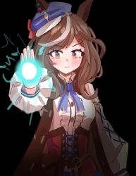  1girl absurdres animal_ears belt_bag blue_hat blush bow breasts brown_hair center_frills clothing_cutout corset ear_ornament ears_through_headwear energy_ball frills hair_ornament hairclip haniiders hat highres horse_ears horse_girl horse_tail looking_at_viewer matikanetannhauser_(panpaka_tiltott)_(umamusume) matikanetannhauser_(umamusume) medium_breasts medium_hair multicolored_hair newsboy_cap red_corset shoulder_cutout simple_background smile solo streaked_hair tail tilted_headwear umamusume yellow_eyes 