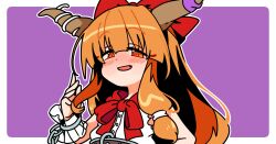  1girl :d blunt_bangs blush border bow bowtie brown_horns commentary fang hair_bow hand_up horn_ornament horn_ribbon horns ibuki_suika ini_(inunabe00) long_hair looking_at_viewer oni open_mouth orange_eyes orange_hair outline outside_border purple_background purple_ribbon red_bow red_bowtie ribbon shirt simple_background sleeveless sleeveless_shirt smile solo touhou upper_body white_border white_outline white_shirt wrist_cuffs 