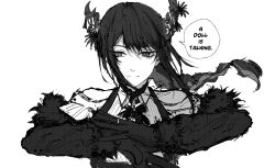  1girl absurdres chainsaw_man closed_mouth dress_shirt english_commentary english_text fur-trimmed_sleeves fur_trim gloves greyscale highres hololive hololive_english horns kizuru09 long_hair monochrome nerissa_ravencroft nerissa_ravencroft_(1st_costume) own_hands_together shirt solo speech_bubble virtual_youtuber 