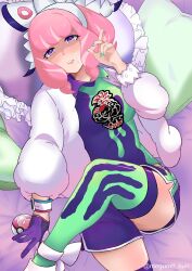  1girl aqua_nails bow bracelet breasts collared_shirt drill_hair drill_sidelocks eyeshadow flipped_hair fur_jacket hair_bow hairband highres jacket jewelry klara_(pokemon) makeup medium_breasts megumo mole mole_under_mouth pink_eyeshadow pink_hair pink_lips pokemon pokemon_swsh print_shirt print_shorts shaded_face shirt short_hair shorts side_slit side_slit_shorts sidelocks solo two-tone_shirt two-tone_shorts two-tone_thighhighs violet_eyes white_bow white_hairband 