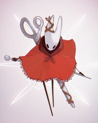 1girl absurdres adapted_costume arthropod_girl black_eyes black_skin cloak colored_skin crest_(hollow_knight) flower full_body highres holding holding_needle holding_weapon hollow_eyes hollow_knight hollow_knight:_silksong horn_ornament horned_mask hornet_(hollow_knight) horns lianarynty looking_at_viewer mask needle needle_(hollow_knight) red_cloak rock scissors solo weapon weapon_on_back white_mask 
