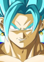  1boy blue_eyes blue_hair commentary dragon_ball dragon_ball_super earrings jewelry looking_at_viewer male_focus nickroseflow potara_earrings smile solo straight-on super_saiyan super_saiyan_blue vegetto 