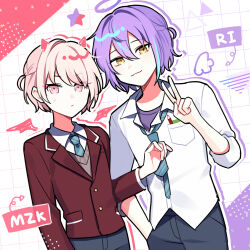  1boy 1other aged_down akiyama_mizuki akiyama_mizuki_(middle_school) angel_wings blue_hair borrowed_hairstyle collared_shirt commentary_request demon demon_horns demon_wings fake_halo fake_horns fake_wings grey_pants halo horns kamishiro_rui kamishiro_rui_(middle_school) male_focus matching_hairstyle multicolored_hair necktie official_alternate_hair_length official_alternate_hairstyle pants pink_eyes pink_hair project_sekai purple_hair purple_shirt shirt short_hair streaked_hair two-tone_hair v waka_(wk4444) white_shirt wings yellow_eyes 