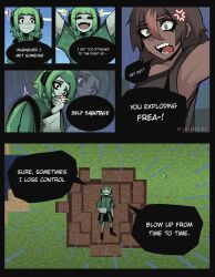  ! 2girls absurdres after_explosion artist_name black_border black_eyes border braid brown_hair colored_skin commentary constricted_pupils covered_mouth covering_own_mouth creeper dark-skinned_female dark_skin english_commentary english_text green_eyes green_hair green_shirt green_skin hair_between_eyes hand_over_own_mouth highres lying medium_hair mikuneki minecraft multiple_girls notice_lines on_back on_ground open_mouth original personification shirt short_hair speech_bubble tree twin_braids 