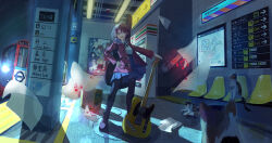  1girl 7-eleven absurdres aijotooko annotated awa_subaru black_pantyhose blue_eyes blue_skirt brown_hair cat commentary ebizuka_tomo electric_guitar fender_telecaster girls_band_cry guitar guitar_case hair_between_eyes highres instrument instrument_case instrument_on_back iseri_nina jacket kawaragi_momoka london_underground musical_note open_mouth pantyhose pleated_skirt red_jacket rupa_(girls_band_cry) shirt short_hair skirt standing subway subway_station teeth translation_request upper_teeth_only white_shirt 