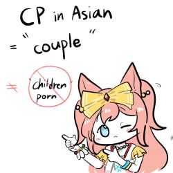  1girl agnes_digital_(super_express!_full_color_special)_(umamusume) agnes_digital_(umamusume) animal_ears blue_eyes bow closed_mouth commentary english_commentary english_text equal_sign hair_bow highres horse_ears horse_girl long_hair official_alternate_costume one_eye_closed one_of_agnes_digital pink_hair pointing solo tagme umamusume yellow_bow 