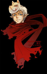  1boy assassin_cross_(ragnarok_online) black_background blue_eyes cardiogram commentary_request copyright_name dated fox_mask grin head_only looking_at_viewer male_focus mask mask_on_head pointy_ears ragnarok_online red_scarf scarf simple_background smile solo torn_clothes torn_scarf utarou_(hiell) white_hair 
