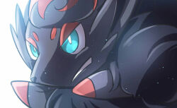  animal_focus blue_eyes bright_pupils clenched_teeth commentary_request dated_commentary highres iogi_(iogi_k) looking_afar no_humans partial_commentary pokemon pokemon_(creature) running serious sideways_mouth simple_background solo teeth white_background white_pupils zorua 