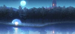  blue_sky forest full_moon game_cg igloo lake mansion misty_lake moon nature night night_sky no_humans non-web_source official_art outdoors reflection reflective_water scarlet_devil_mansion scenery sky snow_shelter star_(sky) starry_sky touhou touhou_gensou_eclipse tree 