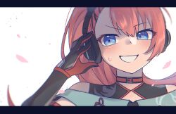  1girl :d aqua_shirt bang_dream! belt_collar black_collar black_gloves black_shirt blue_eyes blurry collar commentary_request depth_of_field elbow_gloves facing_viewer falling_petals gloves grin hair_between_eyes hair_ornament hairpin hand_on_headphones hand_up headphones highres long_hair looking_to_the_side multiple_hairpins off-shoulder_shirt off_shoulder official_alternate_costume official_alternate_hairstyle parted_bangs petals pink_hair pink_petals portrait raised_eyebrow red_collar red_gloves red_ribbon ribbon shirt smile solo sweatdrop tamade_chiyu two-tone_collar two-tone_gloves umaa42 white_background 