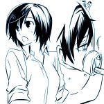  aoi_hana_(oumagadoki_doubutsuen) black_eyes black_hair bob_cut cyborg dress_shirt isana_(oumagadoki_doubutsuen) looking_back monochrome oumagadoki_doubutsuen shirt short_hair sleeves_rolled_up sweat 