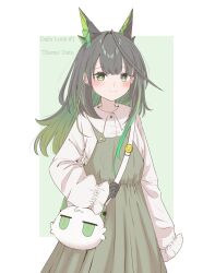  1girl absurdres ahoge alternate_costume arknights bag black_hair blush border bright_pupils closed_mouth colored_inner_hair commentary dress emoji english_commentary english_text green_background green_dress green_eyes green_hair handbag highres huge_ahoge long_hair looking_at_viewer mon3tr_(arknights) multicolored_hair outside_border pinafore_dress procaine_(nemurenai) sleeveless sleeveless_dress sleeves_past_wrists smile solo white_border white_dress white_pupils 