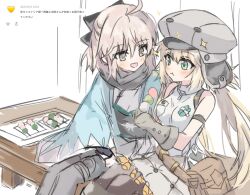  2girls :t ahoge arm_strap armor artoria_caster_(fate) artoria_caster_(first_ascension)_(fate) artoria_pendragon_(fate) bag bare_arms bare_shoulders black_bow black_pantyhose black_scarf blonde_hair blue_haori blush boots bow breasts brown_bag chewing closed_mouth dango eating fate/grand_order fate_(series) food friends gloves green_eyes grey_eyes grey_gloves grey_hat grey_sash grey_skirt hair_between_eyes hair_bow half_updo haori hat highres holding holding_food japanese_armor japanese_clothes kimono knee_boots kote kurokote medium_breasts multiple_girls newsboy_cap obi obijime okita_souji_(fate) okita_souji_(koha-ace) okita_souji_(third_ascension)_(fate) pantyhose quilted_clothes quilted_skirt request_inset sanshoku_dango sash satchel scarf shinsengumi shirt short_hair short_kimono side-by-side sitting sketch skirt sleeveless sleeveless_shirt sparkle sparkling_aura syst098 translation_request turtleneck turtleneck_shirt twintails wagashi white_kimono white_shirt 