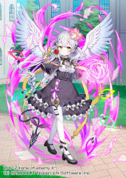  1girl arms_behind_back aura black_bow black_capelet black_shoes bow bow_legwear braid capelet closed_mouth copyright_notice dragon_tail energy_ball feathered_wings flower green_eyes grey_hair hair_flower hair_ornament long_hair lyrph_(z/x) official_art okanoyuno outdoors pink_flower red_flower red_rose rose shoes side_braid single_braid solo tail white_bow white_wings wings z/x 