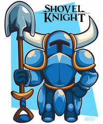  1boy blue_helmet border character_name commentary copyright_name english_commentary fake_horns full_body helmet highres holding holding_shovel horned_helmet horns male_focus planted planted_shovel shovel shovel_knight shovel_knight_(character) signature solo standing white_border woofzilla 
