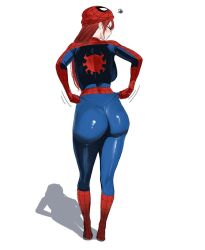  ass ass_focus blush bodysuit green_eyes highres huge_ass long_hair looking_to_the_side marvel mary_jane_watson mask mask_on_head mugi_(mugit49) pants pulling_own_clothes red_hair shadow skin_tight spider-man_(series) spider-man_logo superhero_costume tight_clothes tight_pants wedgie white_background 