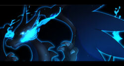  absurdres animal_focus black_background blue_eyes blue_theme breath_weapon breathing_fire charizard claws closed_mouth commentary_request dark dated_commentary dragon fangs fire flame-tipped_tail glowing hands_up highres iogi_(iogi_k) looking_at_viewer mega_charizard_x mega_pokemon no_humans partial_commentary pokemon pokemon_(creature) simple_background solo tail textless_version 